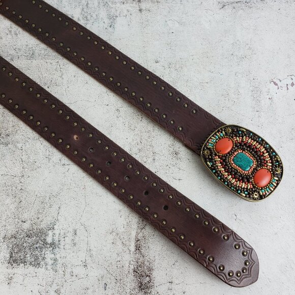 Vintage Lucky Brand Leather Belt Brown Studded Bohemian Beaded Buckle Western L